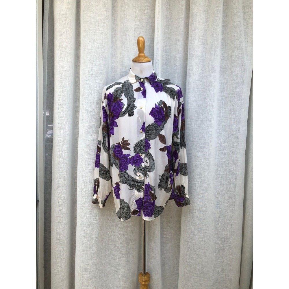 donna Gabrielle 100% silk white purple flowers long sleeve blouse